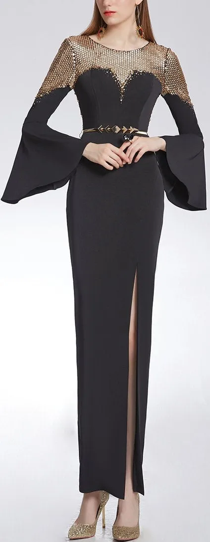 Black Sequin-Embellished Bell-Sleeve Evening Gown