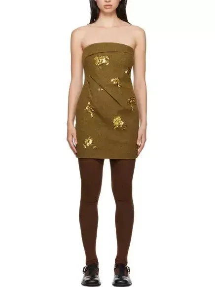 Bow Pintuck Strapless Mini Dress with Gold Sequin Appliques