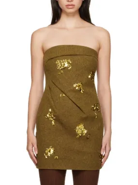 Bow Pintuck Strapless Mini Dress with Gold Sequin Appliques