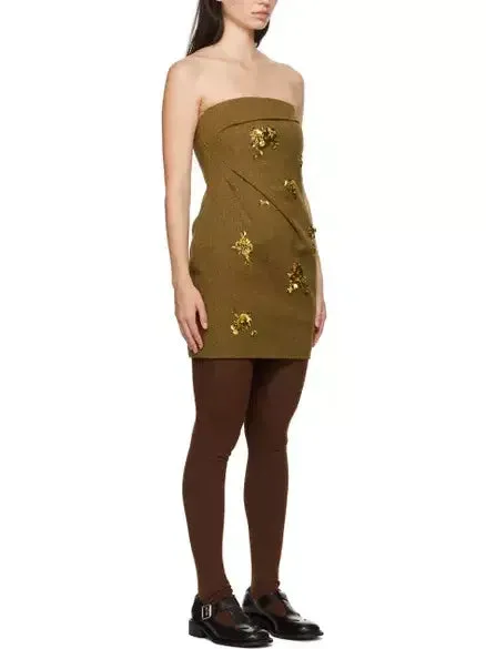 Bow Pintuck Strapless Mini Dress with Gold Sequin Appliques