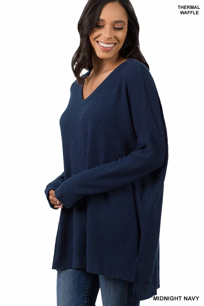 BRUSHED THERMAL WAFFLE V-NECK HI-LOW HEM SWEATER | ZENANA - FINAL SALE