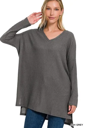 BRUSHED THERMAL WAFFLE V-NECK HI-LOW HEM SWEATER | ZENANA - FINAL SALE