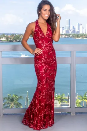 Burgundy Halter Neck Sequin Maxi Dress