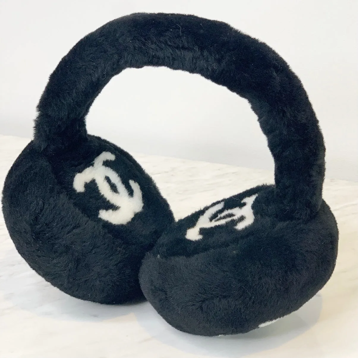 Chanel CC Fluffy Faux Fur Ear Muffs Black