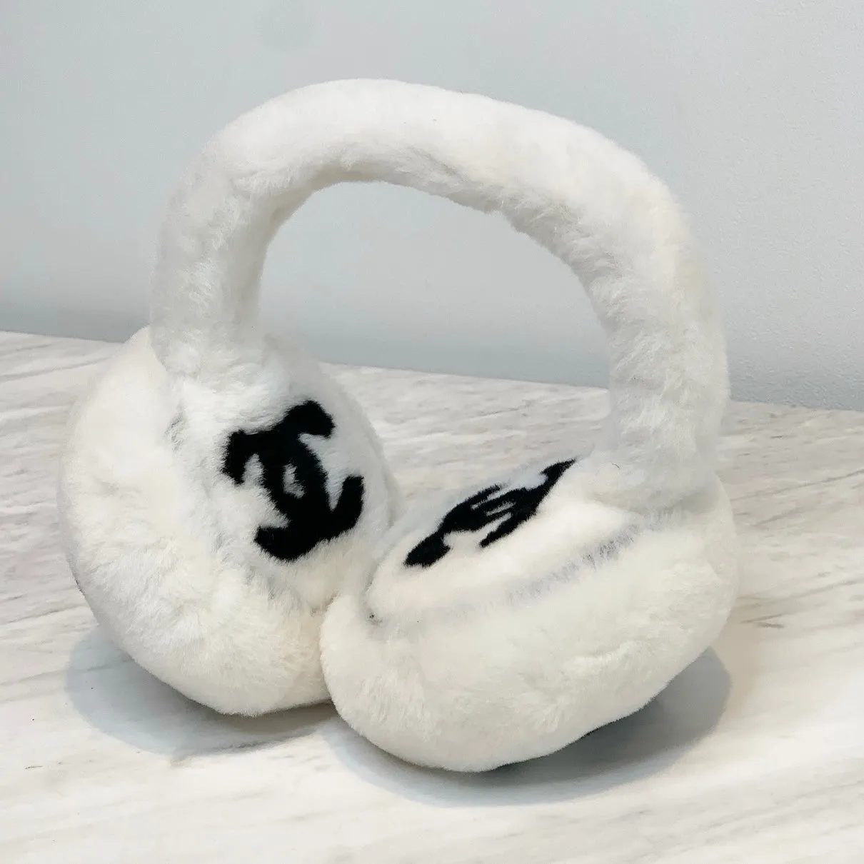 Chanel CC Fluffy Faux Fur Ear Muffs White