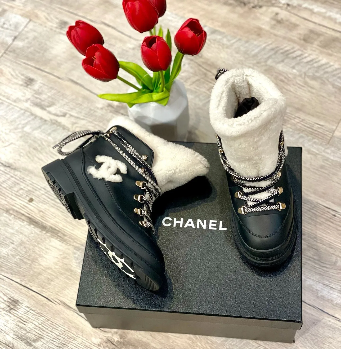 Chanel CC Leather Shearling-Trimmed Ankle Booties