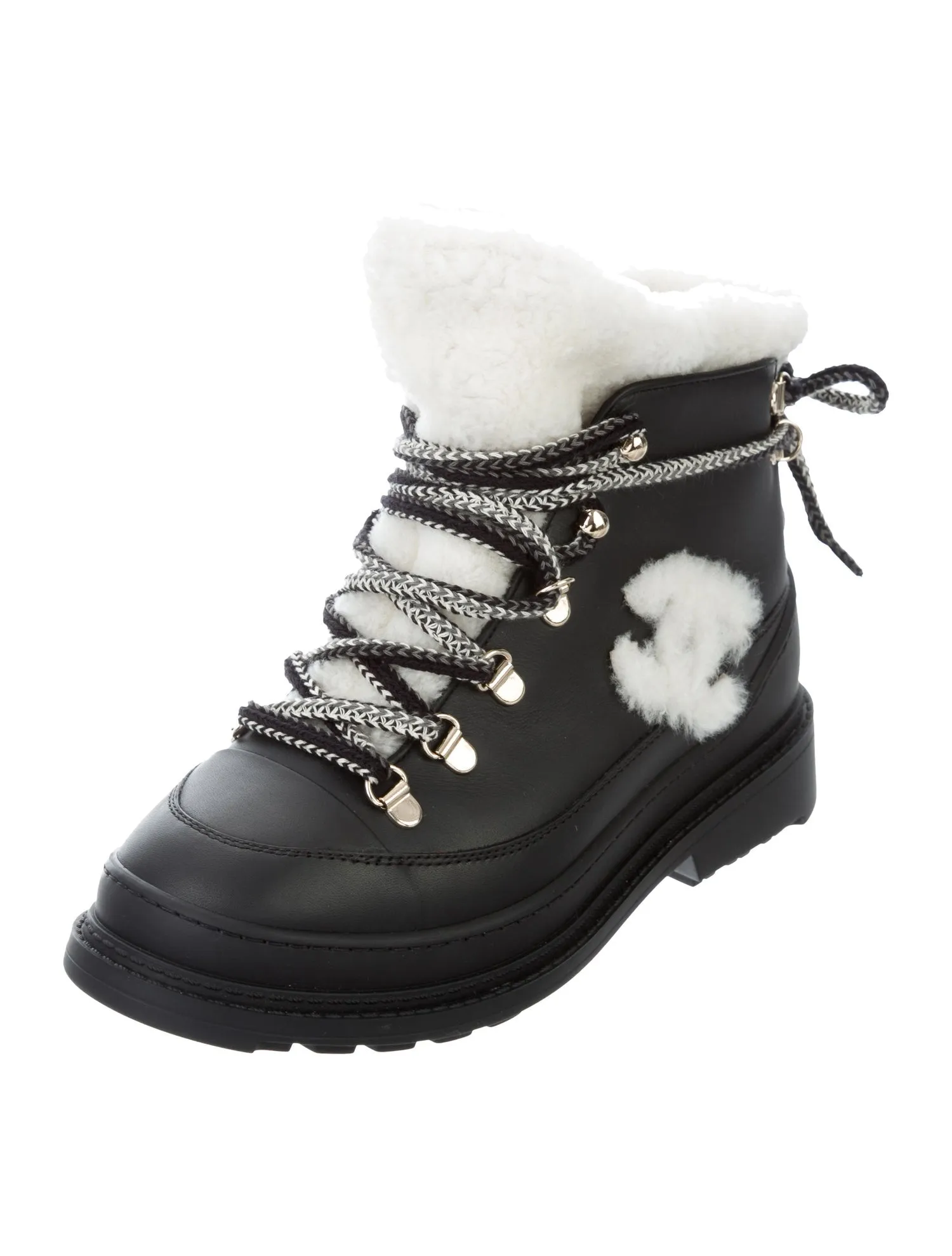 Chanel CC Leather Shearling-Trimmed Ankle Booties