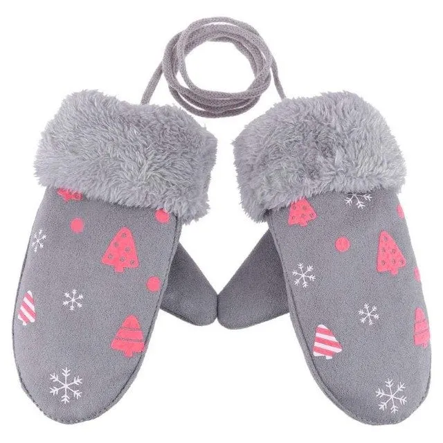 Cute Children Boys Girls Winter Warm Cartoon Tree Snowflake Print Gloves