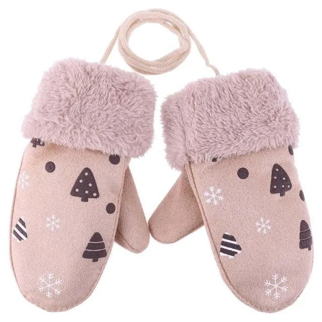 Cute Children Boys Girls Winter Warm Cartoon Tree Snowflake Print Gloves