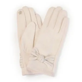 Faux Suede Gloves With Vegan Leather Bow Detail