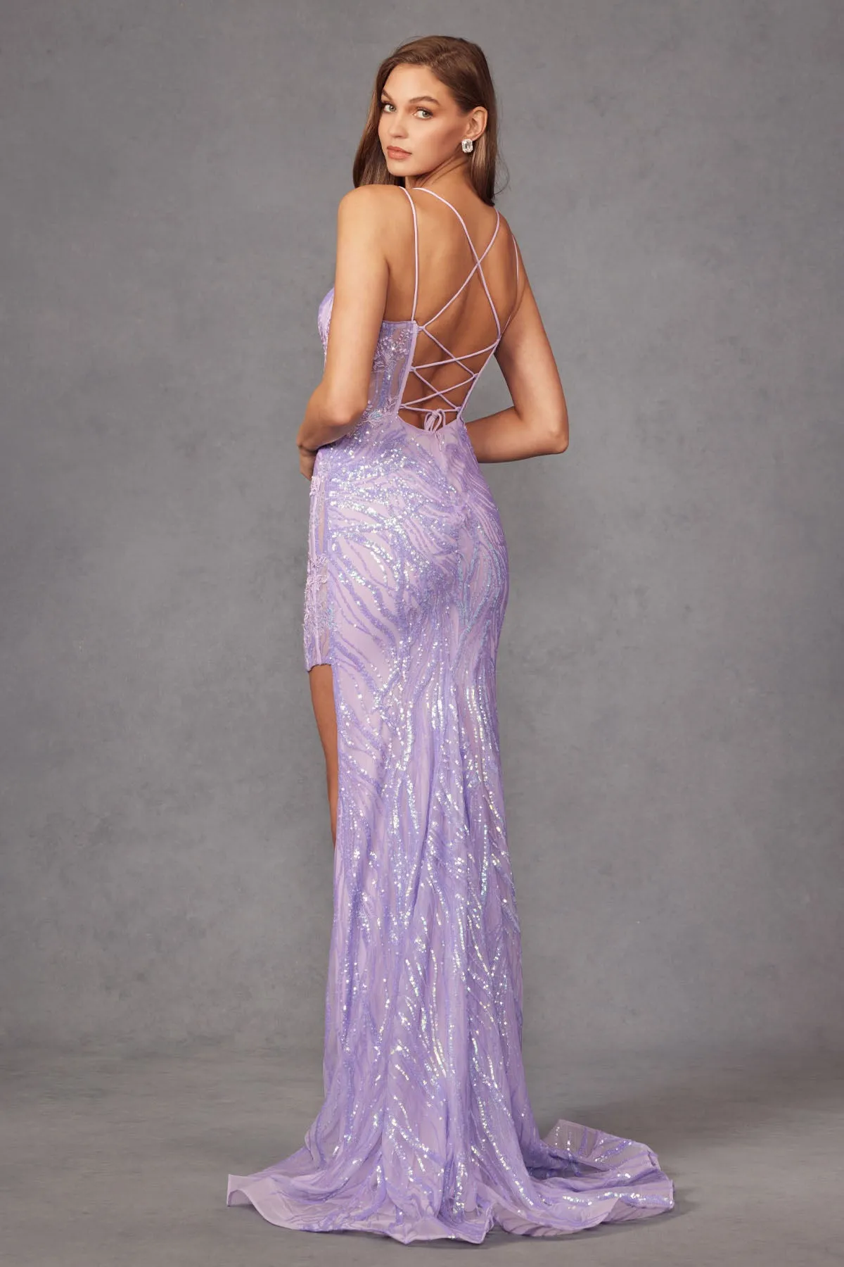 Fitted Sequin Applique Sleeveless Slit Gown by Juliet JT2473R