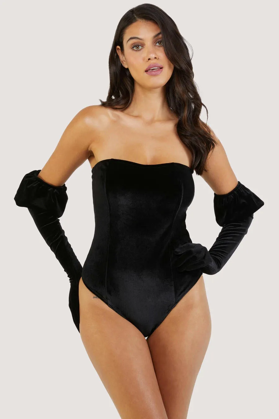 Halina Velvet Bodysuit with puff sleeve gloves by Playful Promises - sizes 4-16