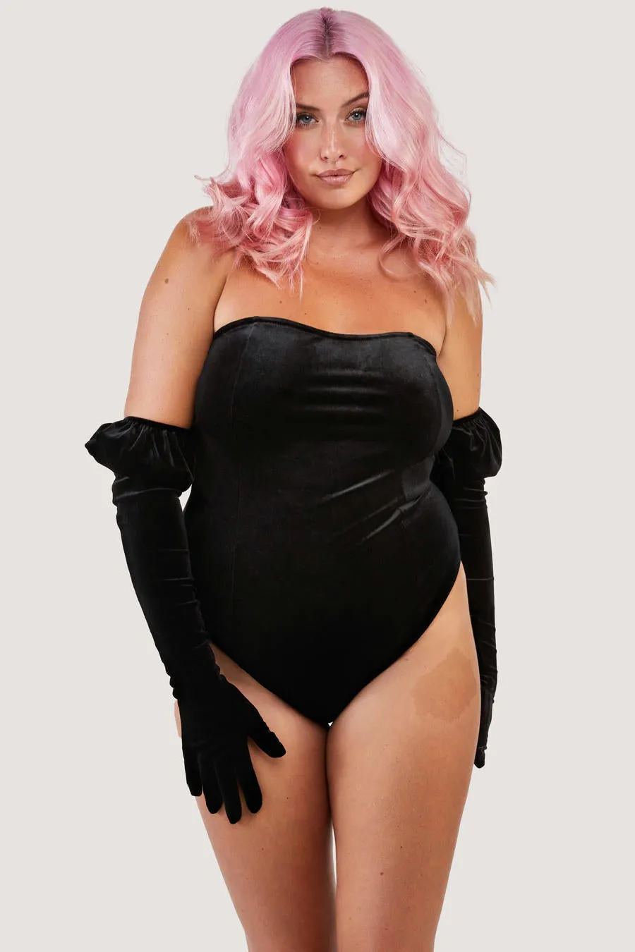 Halina Velvet Bodysuit with puff sleeve gloves by Playful Promises - sizes 4-16