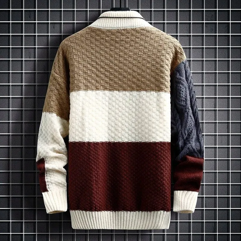 Jupiter Sweater - Elevate Your Style: Colour-Blocked Half High Collar Warm Sweater - Long Sleeve Loose Knit Pullover