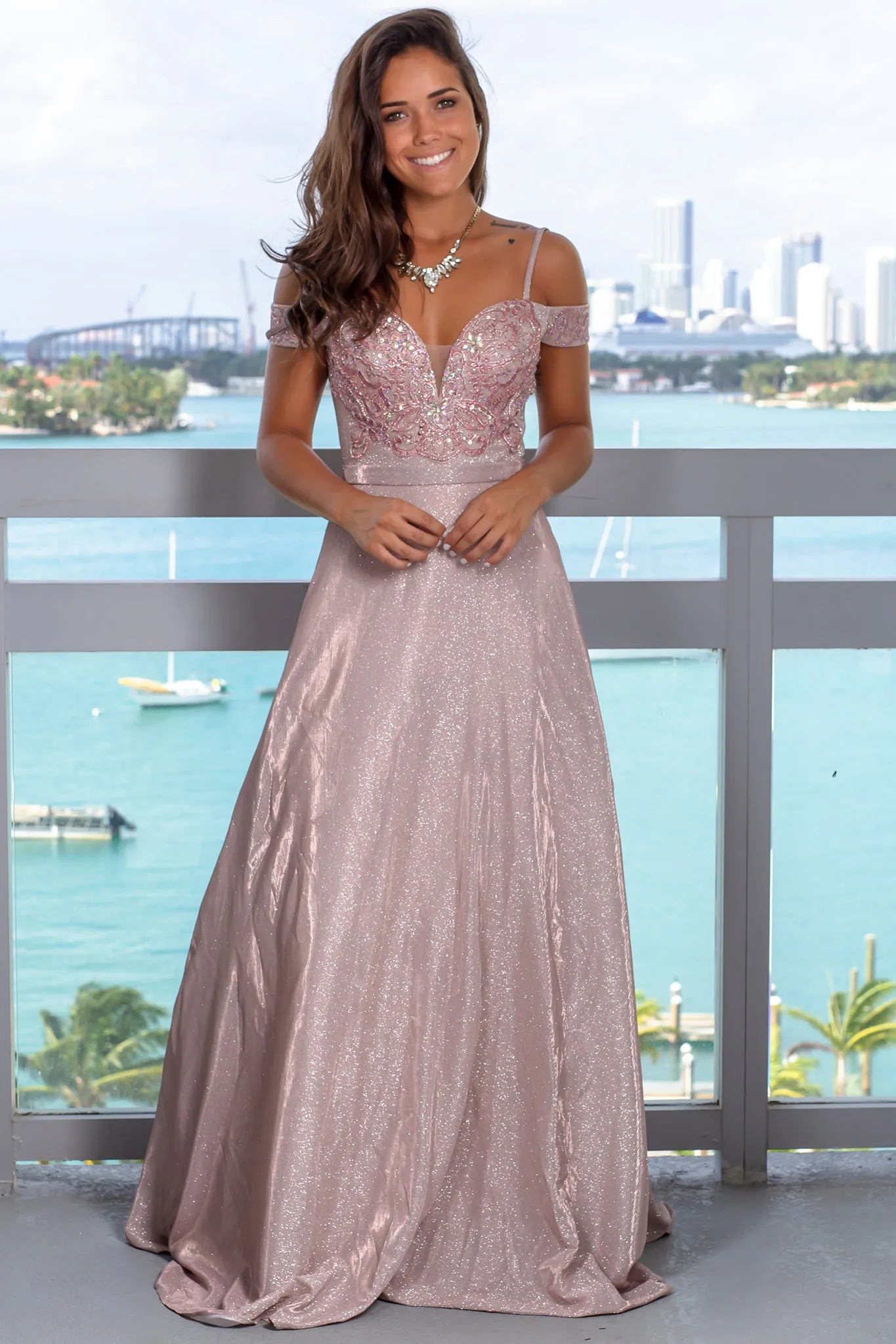 Mauve Shimmer Maxi Dress with Sequin Top