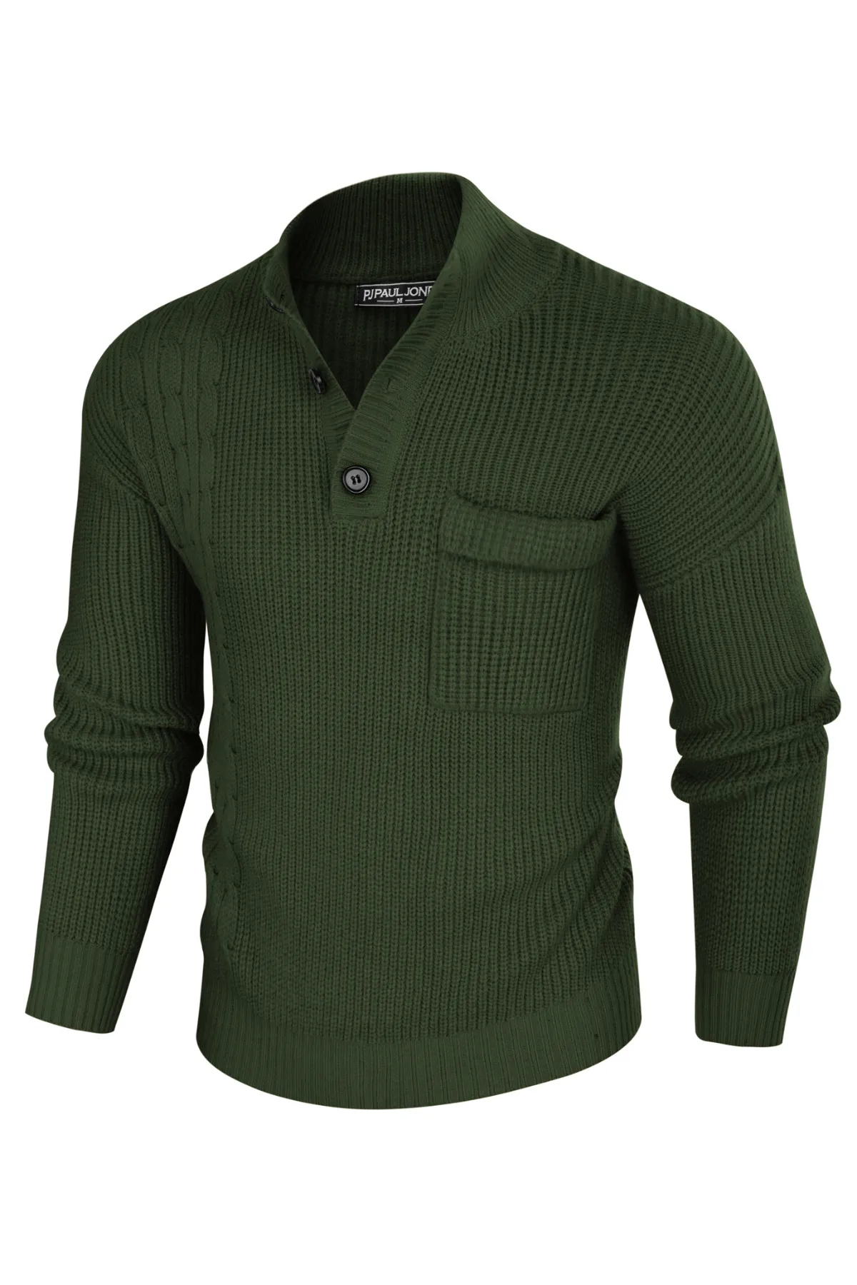 Men's Quarter Button Sweater Stand Collar Knitted Pullover Henley Sweater with Pocket