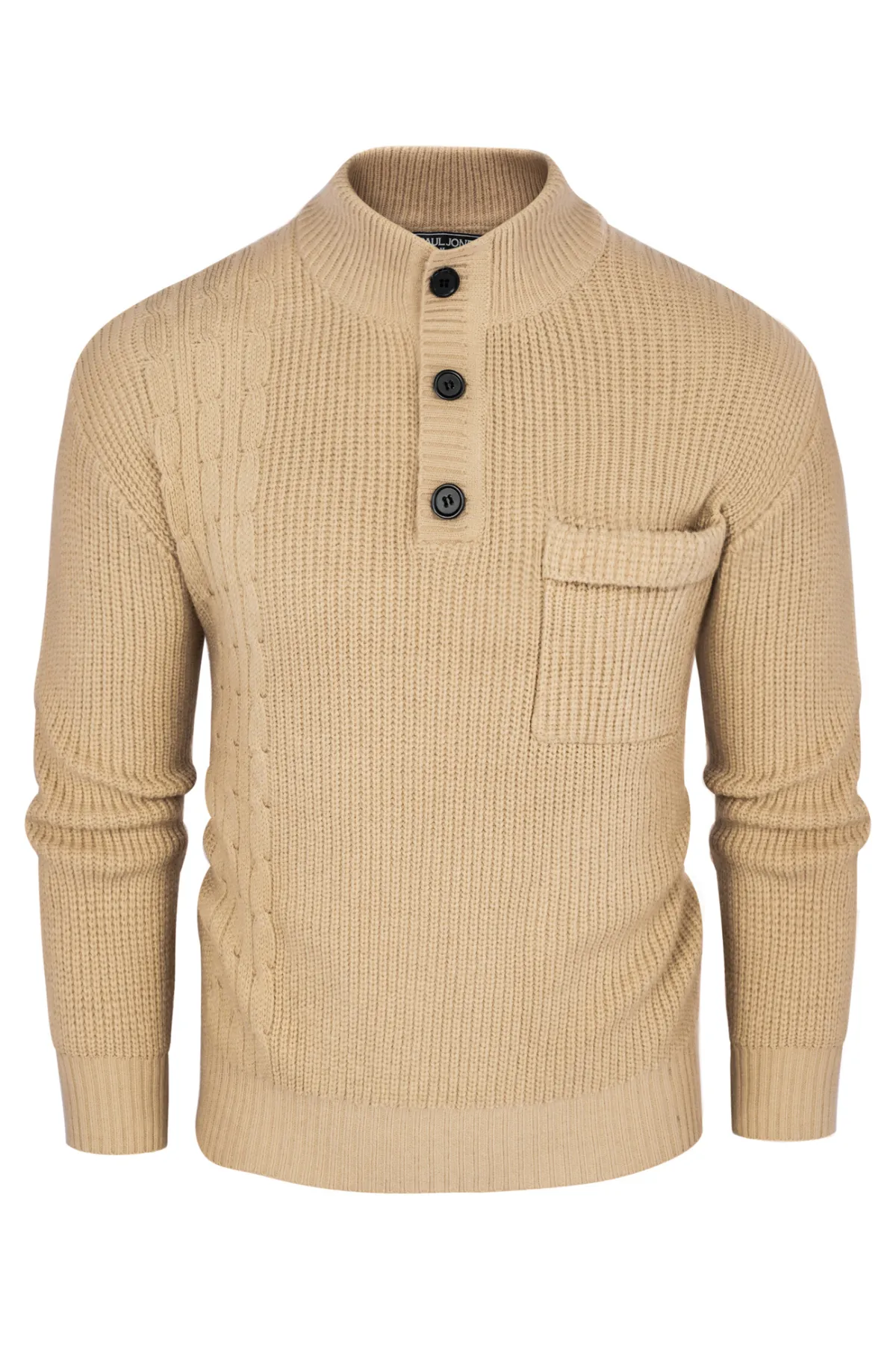 Men's Quarter Button Sweater Stand Collar Knitted Pullover Henley Sweater with Pocket