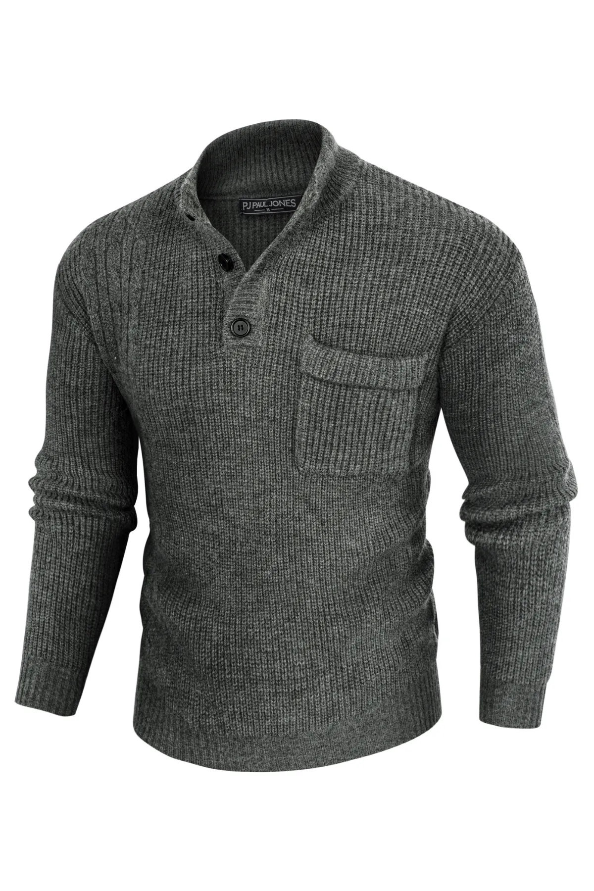 Men's Quarter Button Sweater Stand Collar Knitted Pullover Henley Sweater with Pocket