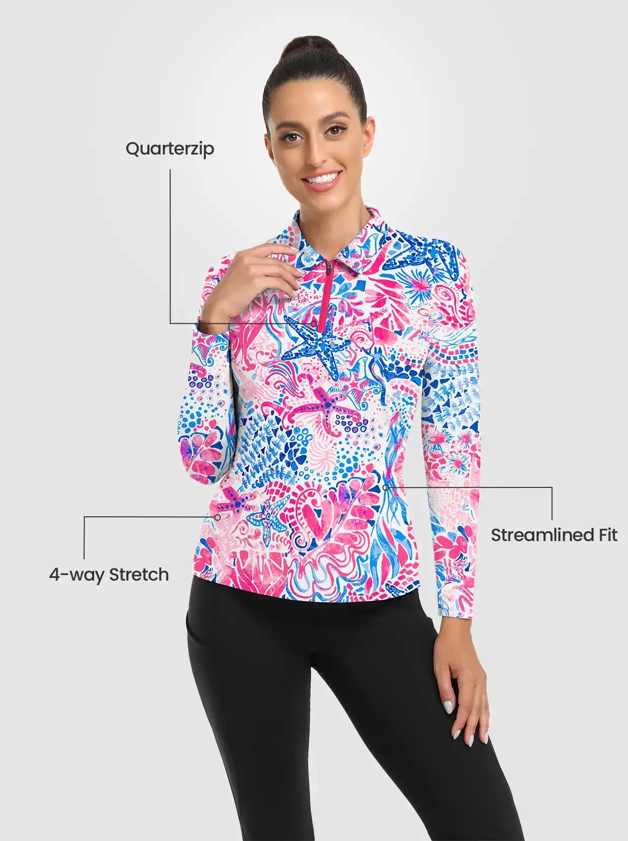 Oceanic Pattern Quarter-zip Long-sleeve Fleece Top for Women