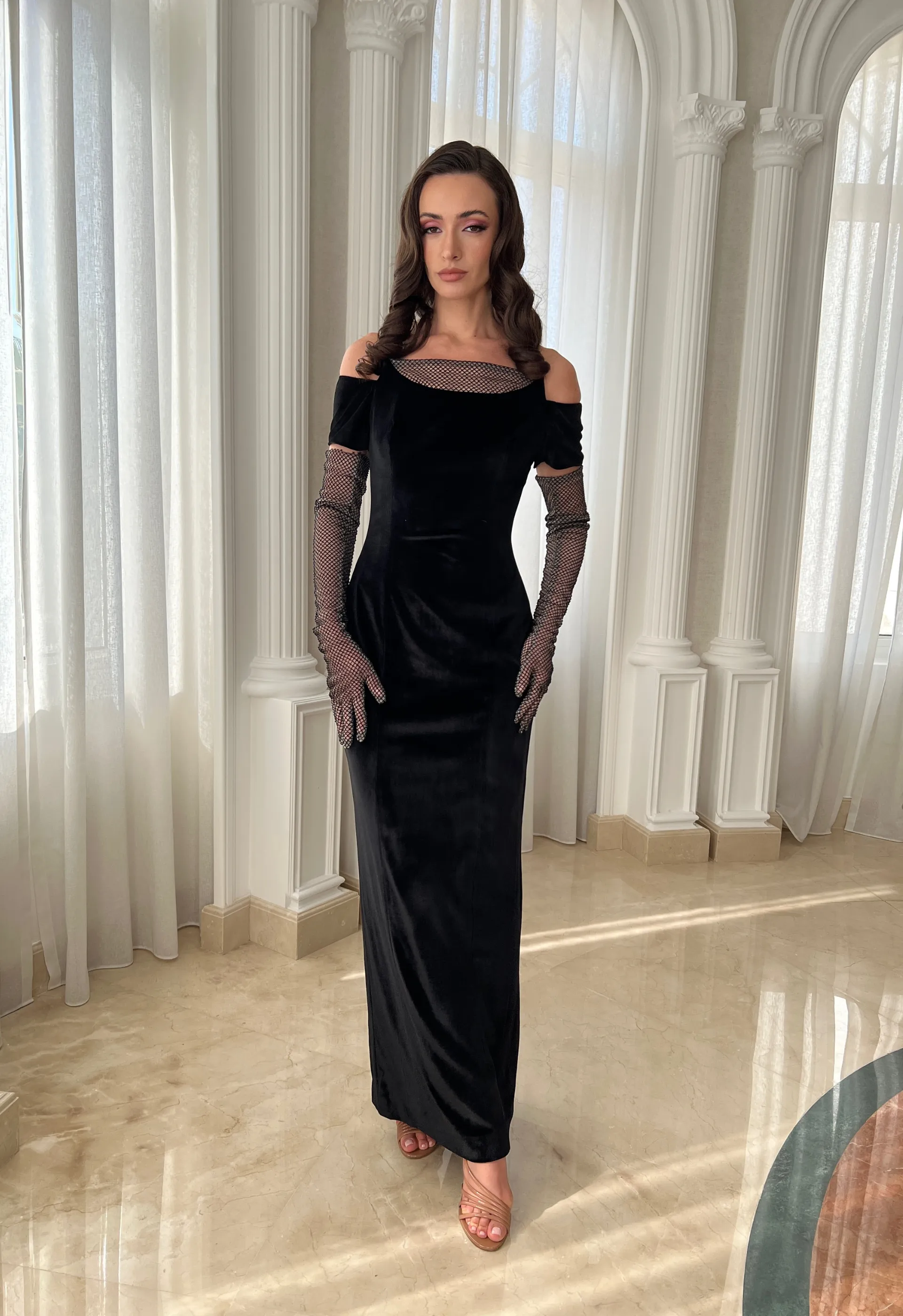 Off shoulder velvet gown