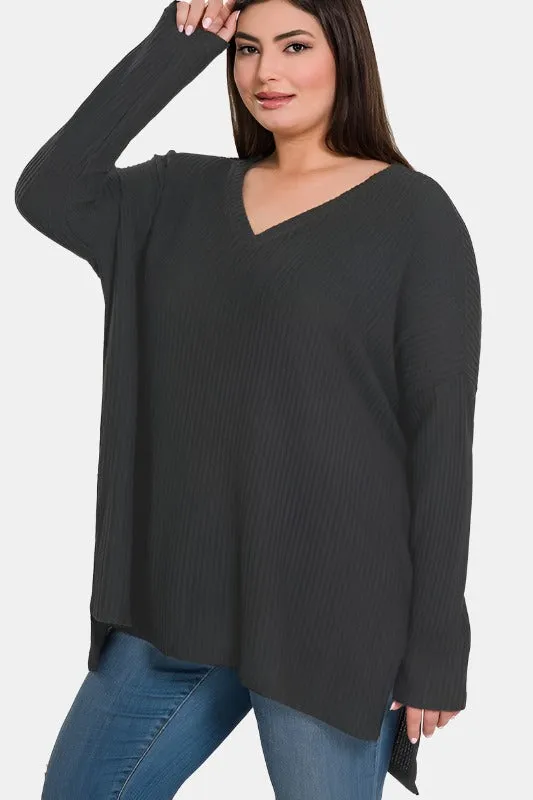 Plus Brushed Thermal Waffle V-Neck Sweater