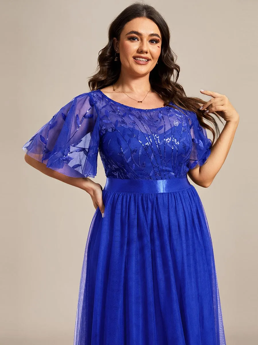 Plus Size Women's Embroidery Evening Dresses with Short Sleeve