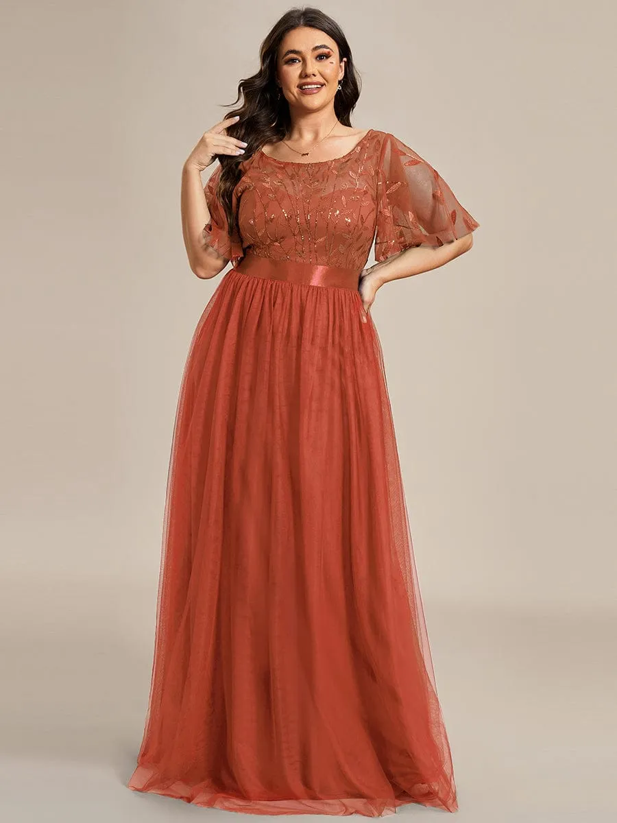 Plus Size Women's Embroidery Evening Dresses with Short Sleeve