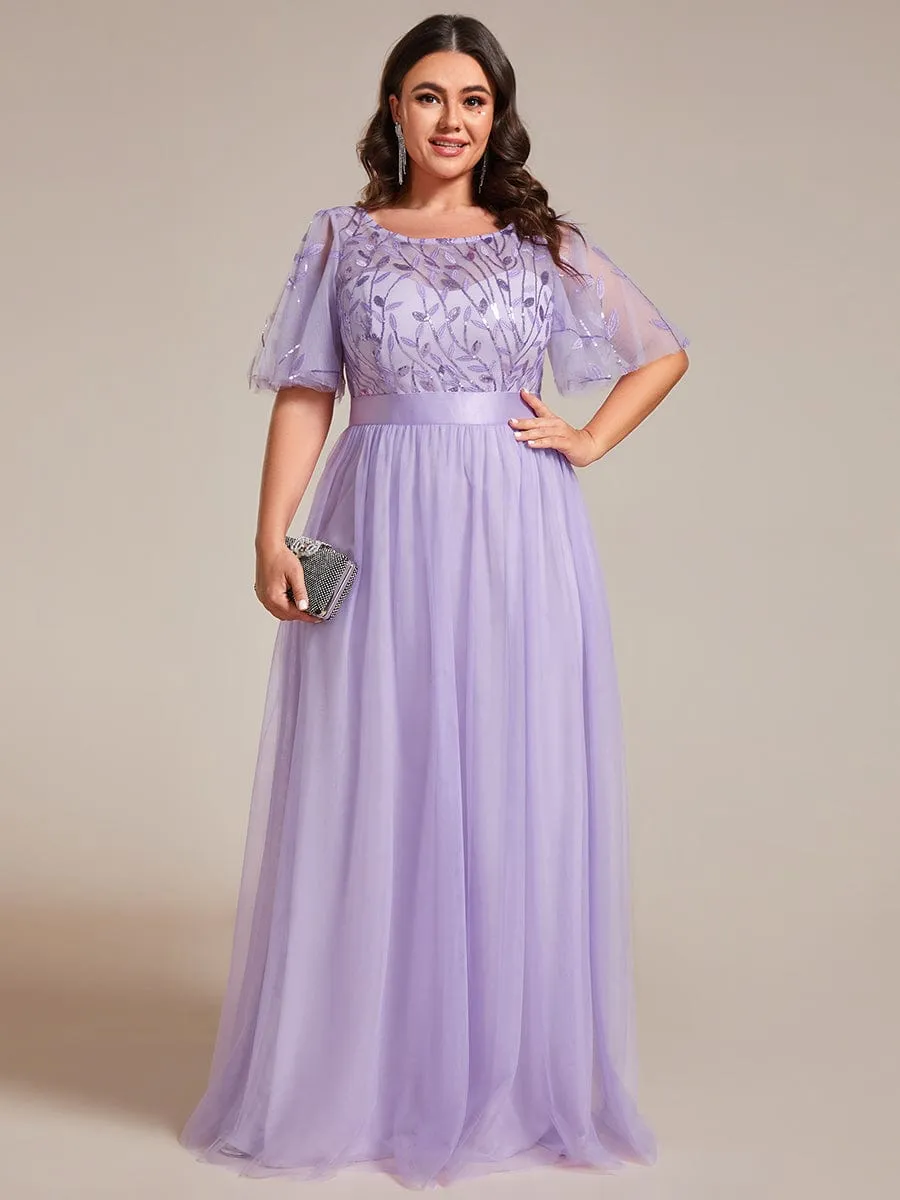 Plus Size Women's Embroidery Evening Dresses with Short Sleeve