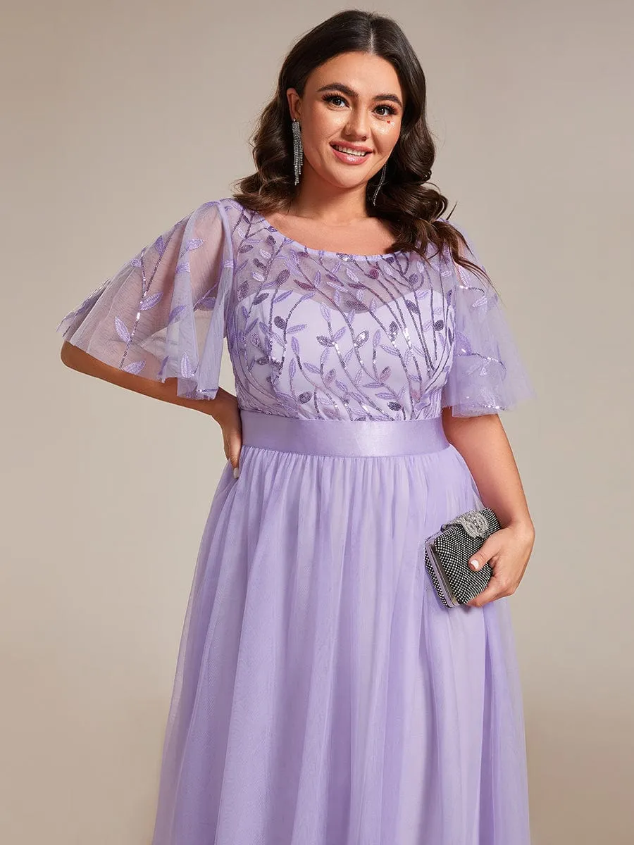 Plus Size Women's Embroidery Evening Dresses with Short Sleeve