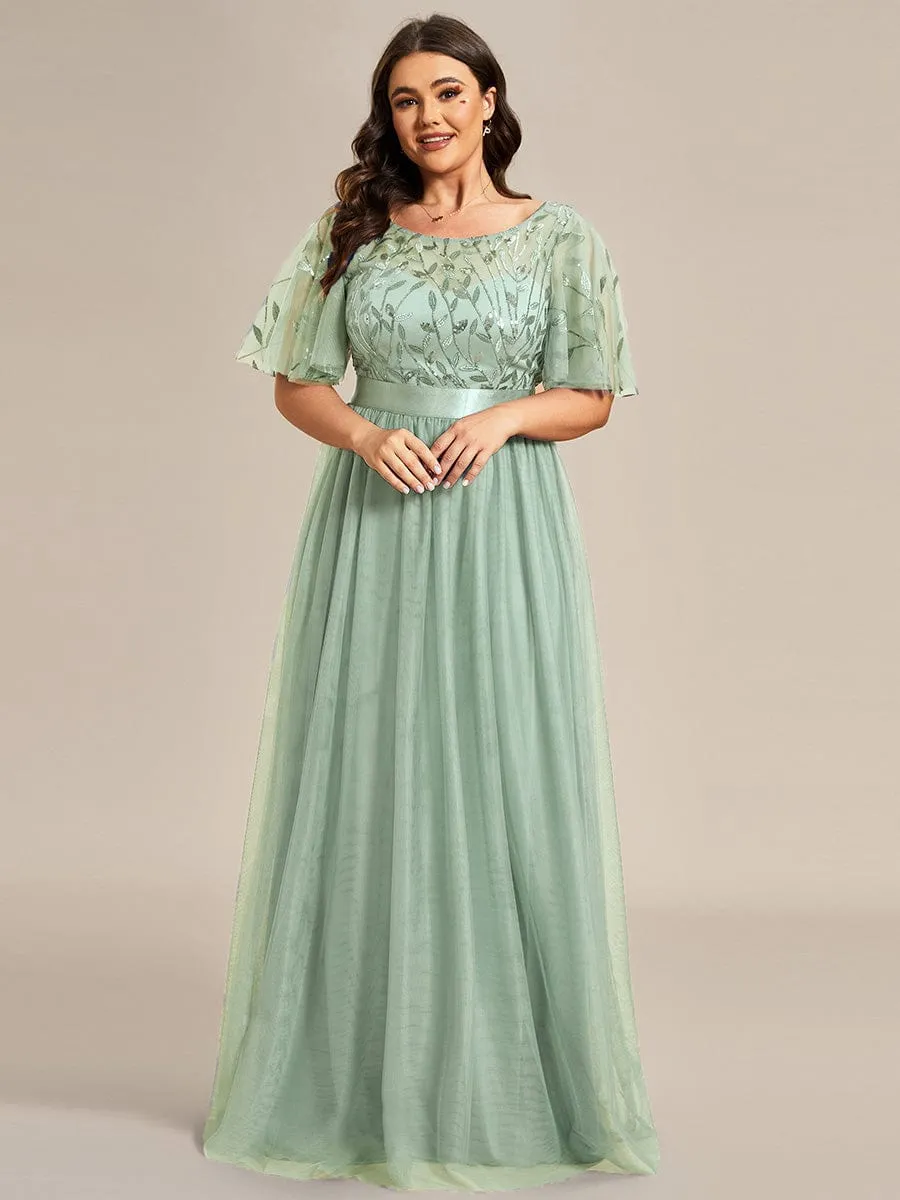 Plus Size Women's Embroidery Evening Dresses with Short Sleeve