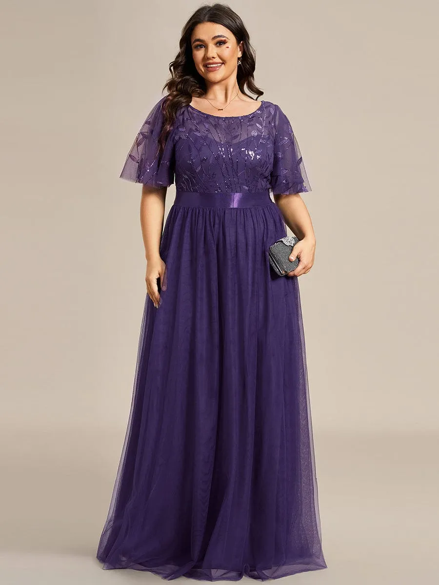 Plus Size Women's Embroidery Evening Dresses with Short Sleeve