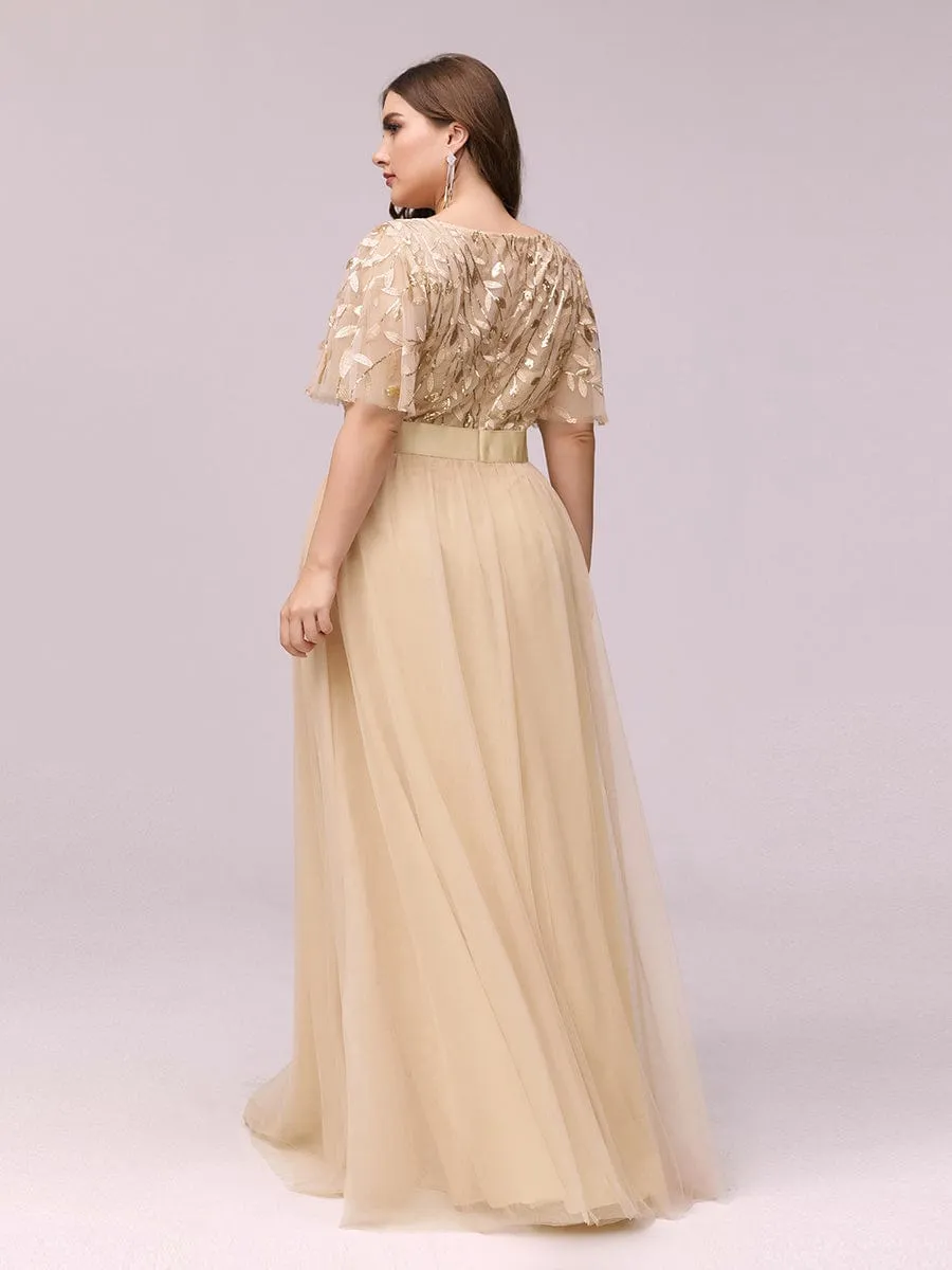 Plus Size Women's Embroidery Evening Dresses with Short Sleeve