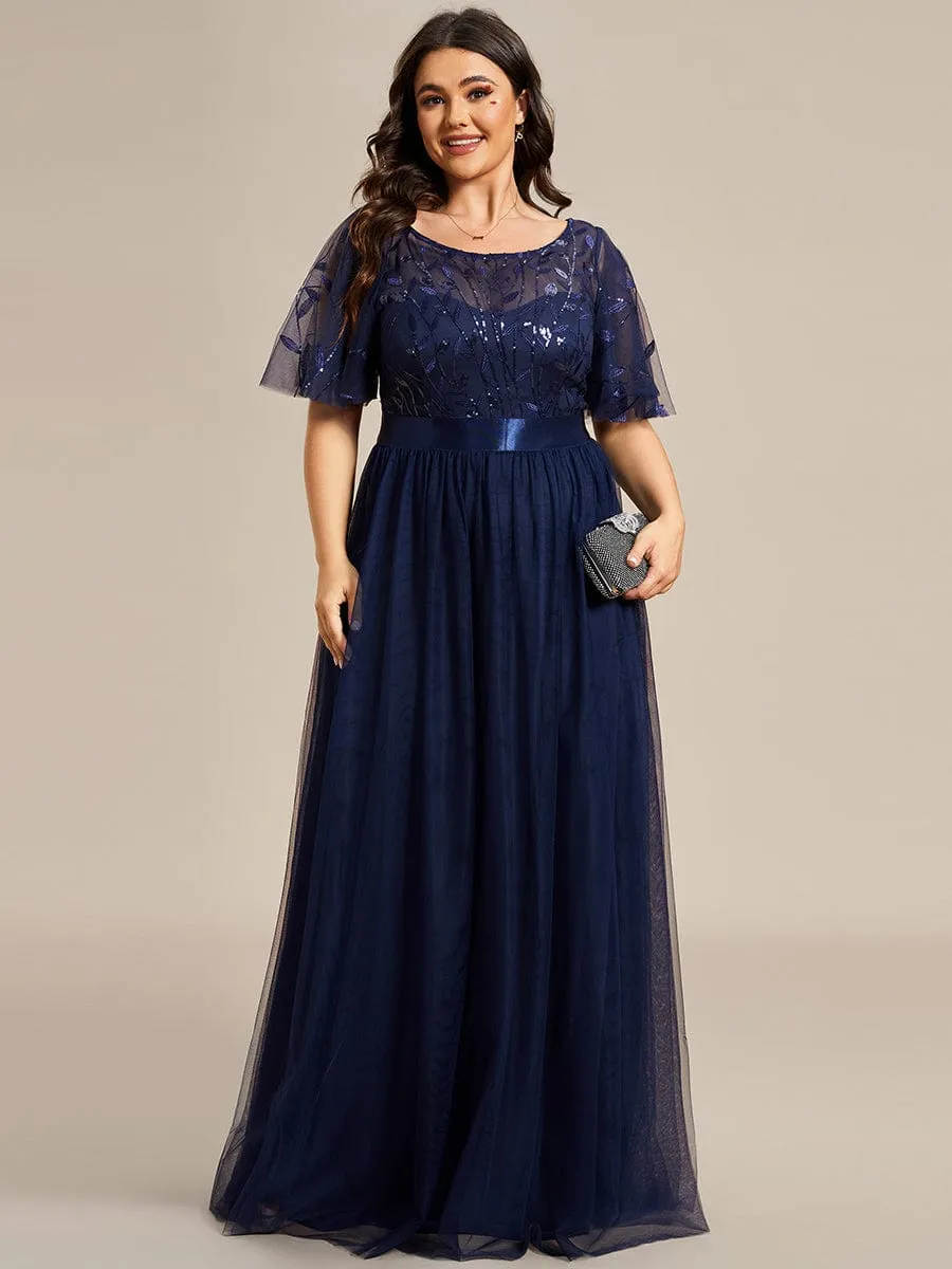 Plus Size Women's Embroidery Evening Dresses with Short Sleeve