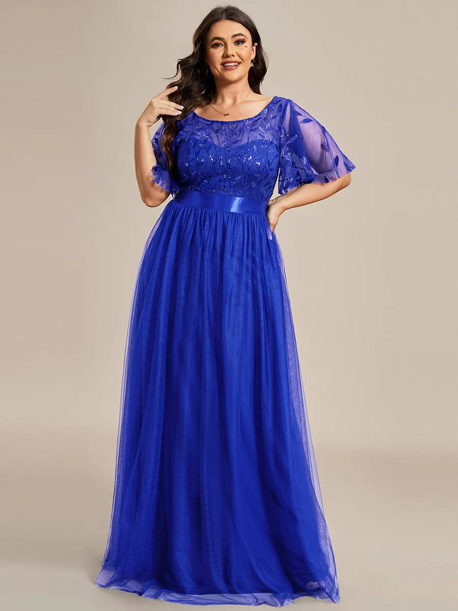 Plus Size Women's Embroidery Evening Dresses with Short Sleeve