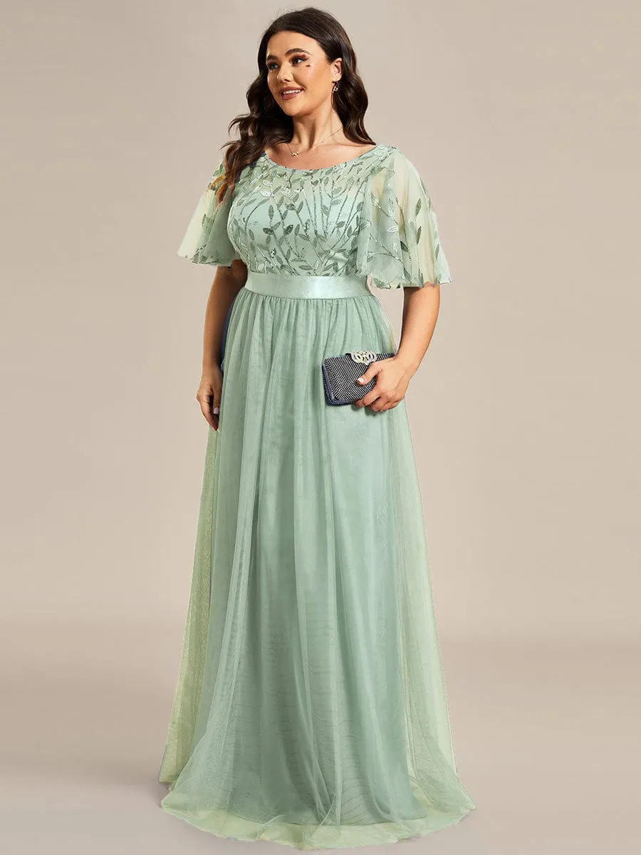 Plus Size Women's Embroidery Evening Dresses with Short Sleeve