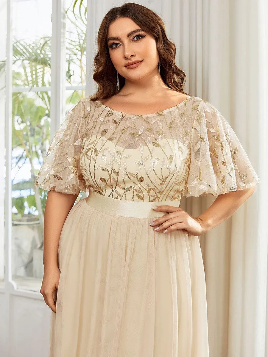 Plus Size Women's Embroidery Evening Dresses with Short Sleeve