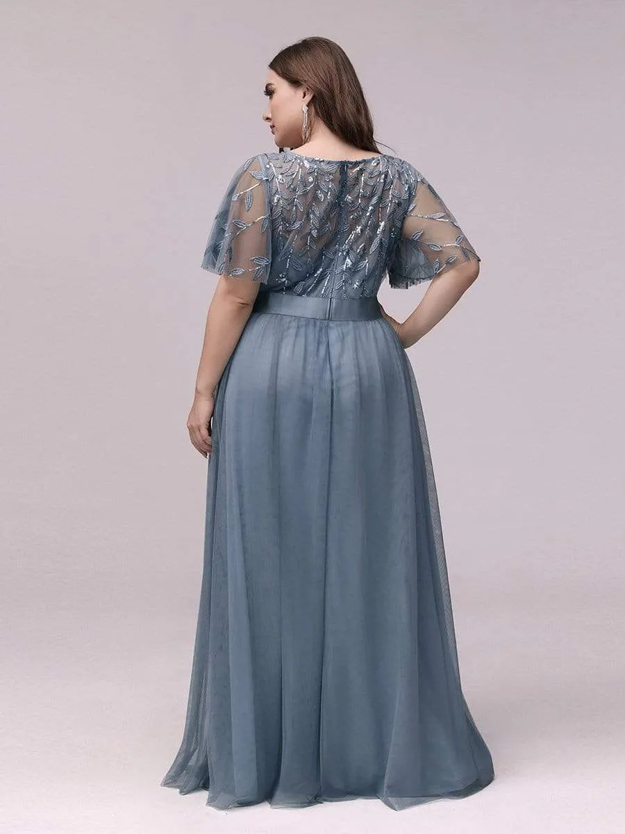 Plus Size Women's Embroidery Evening Dresses with Short Sleeve