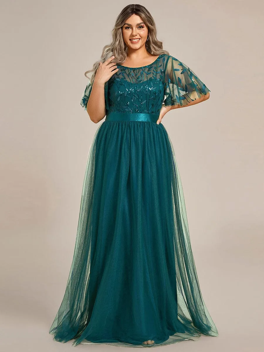 Plus Size Women's Embroidery Evening Dresses with Short Sleeve