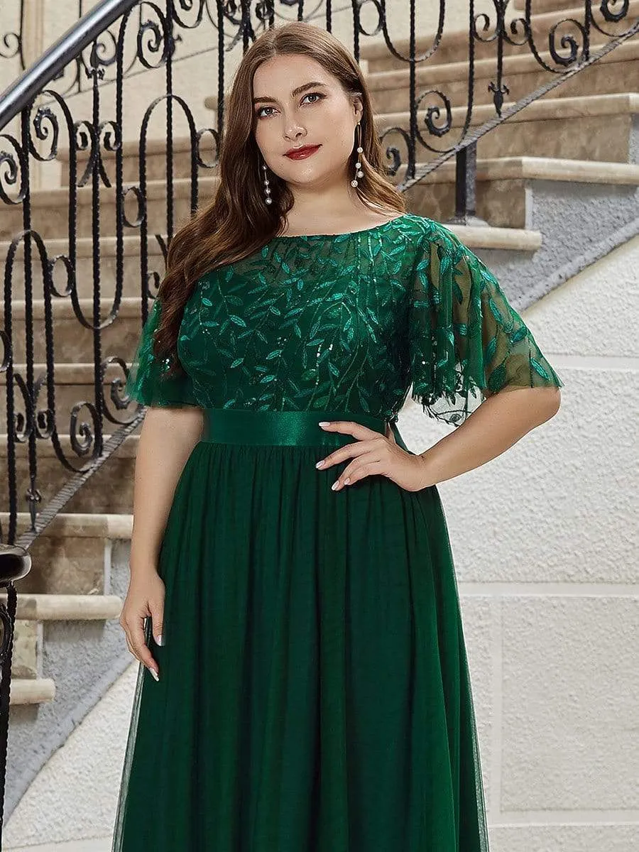 Plus Size Women's Embroidery Evening Dresses with Short Sleeve