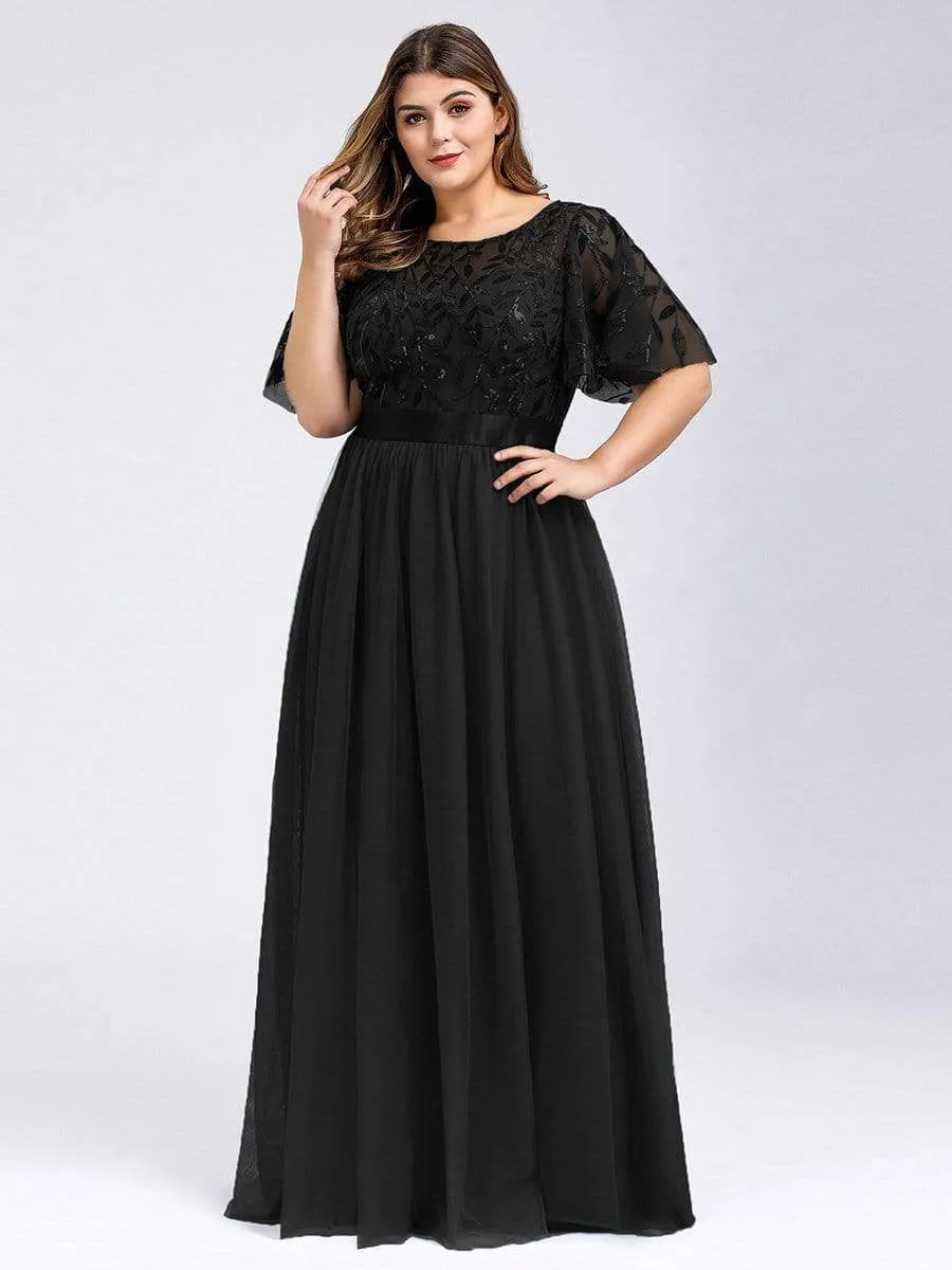 Plus Size Women's Embroidery Evening Dresses with Short Sleeve