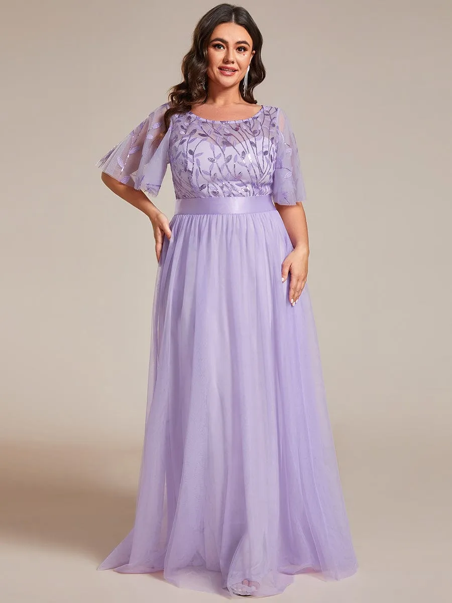 Plus Size Women's Embroidery Evening Dresses with Short Sleeve