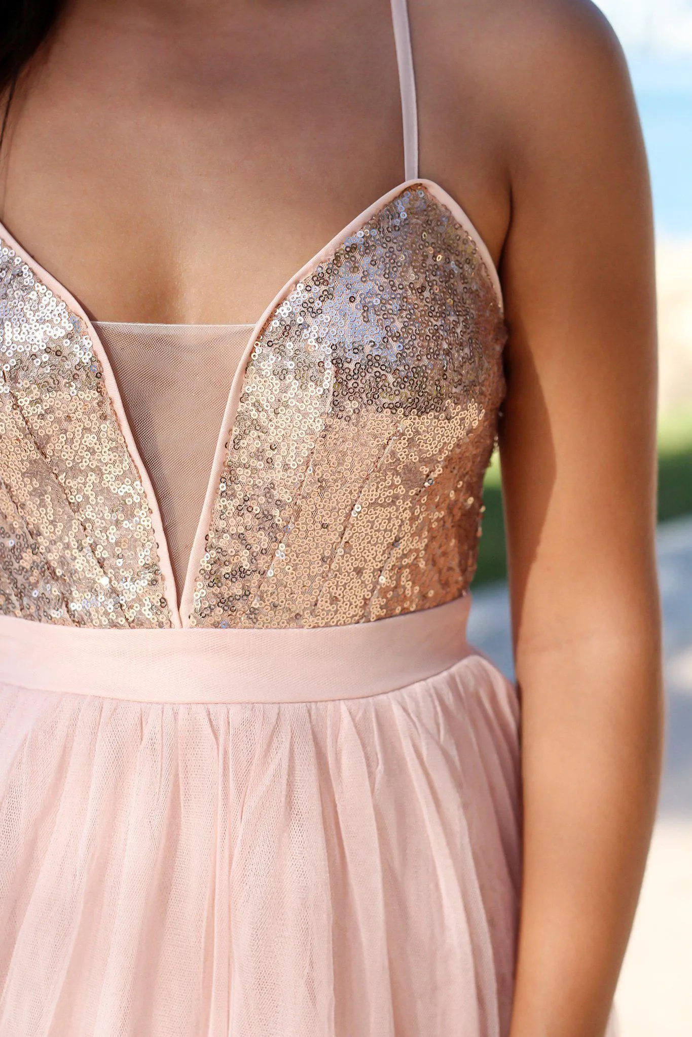 Rose Gold Sequin Maxi Dress with Tulle Skirt