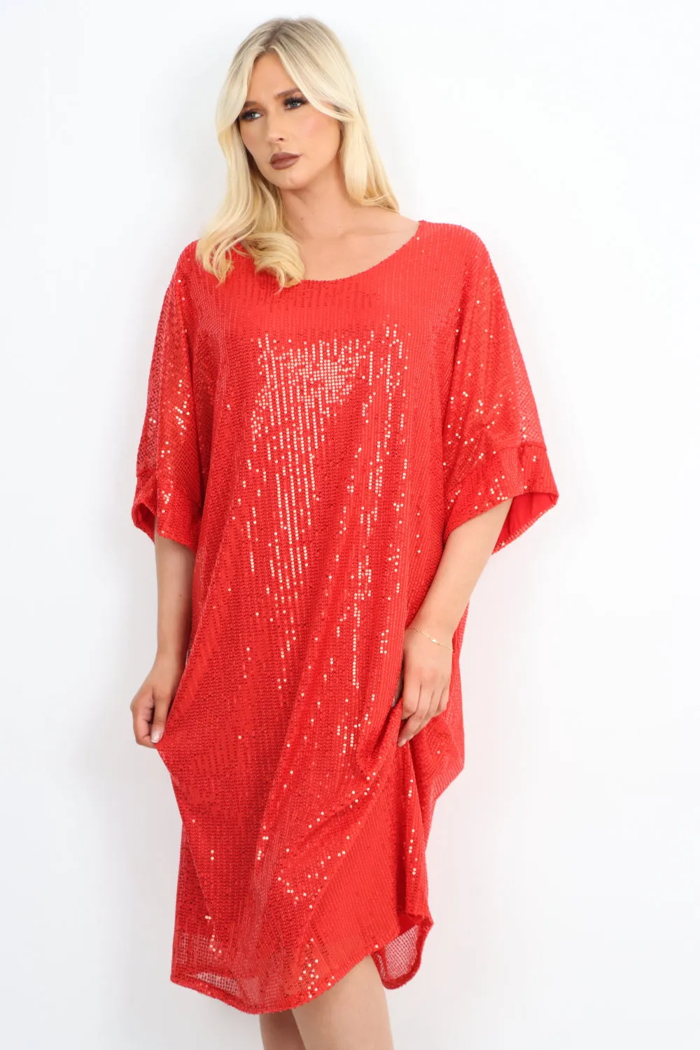 Round Neck Half Sleeve All Over Sequin Party Dress