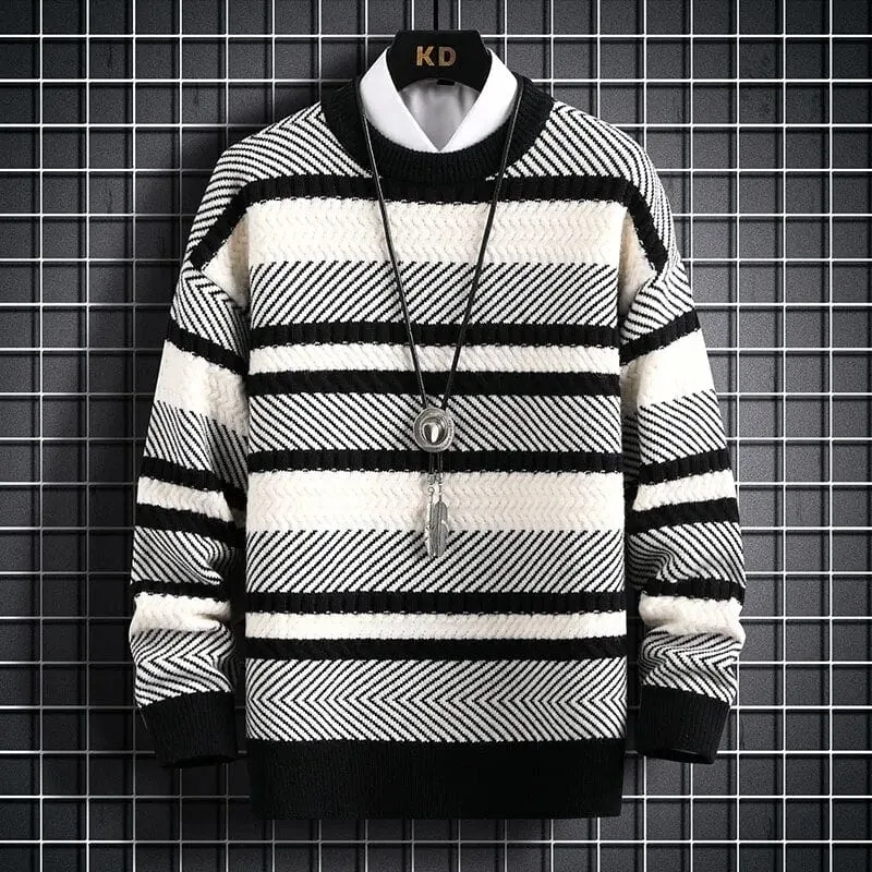 Serenity Stripe Pattern Sweater - Elevate Your Style: Knitted Thickened Pullover Vintage O-Neck Winter Sweater