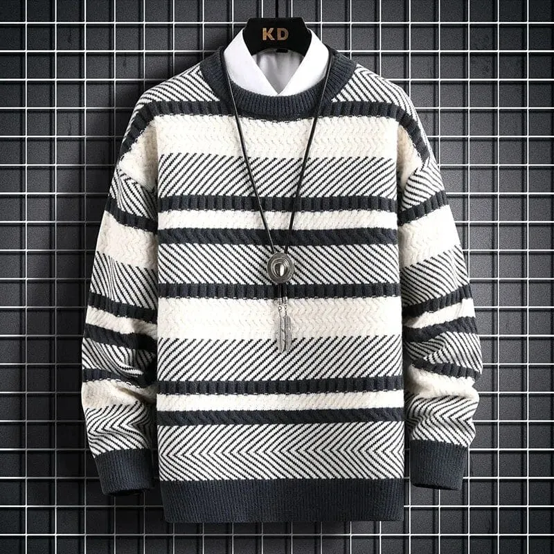 Serenity Stripe Pattern Sweater - Elevate Your Style: Knitted Thickened Pullover Vintage O-Neck Winter Sweater