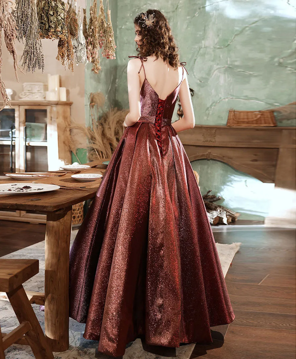 Simple V Neck Burgundy Satin Long Prom Dress, Burgundy Formal Dress