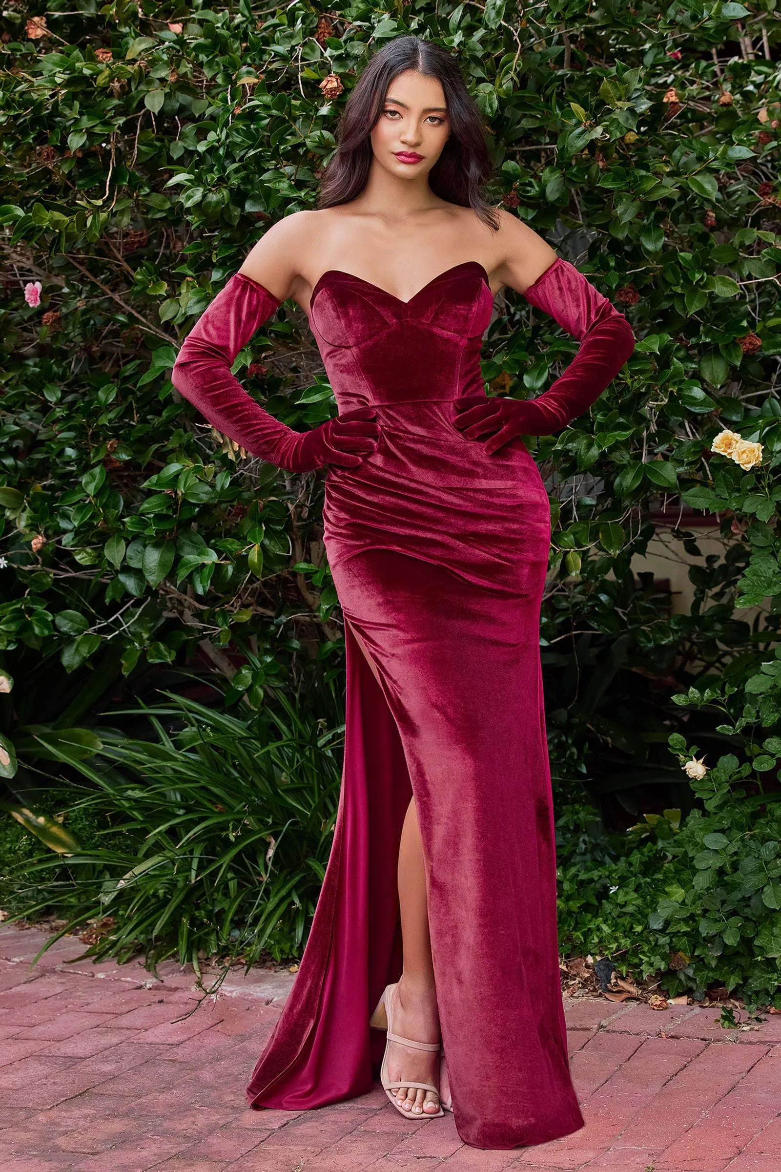 Stretch Velvet Strapless Fitted Gown with Gloves