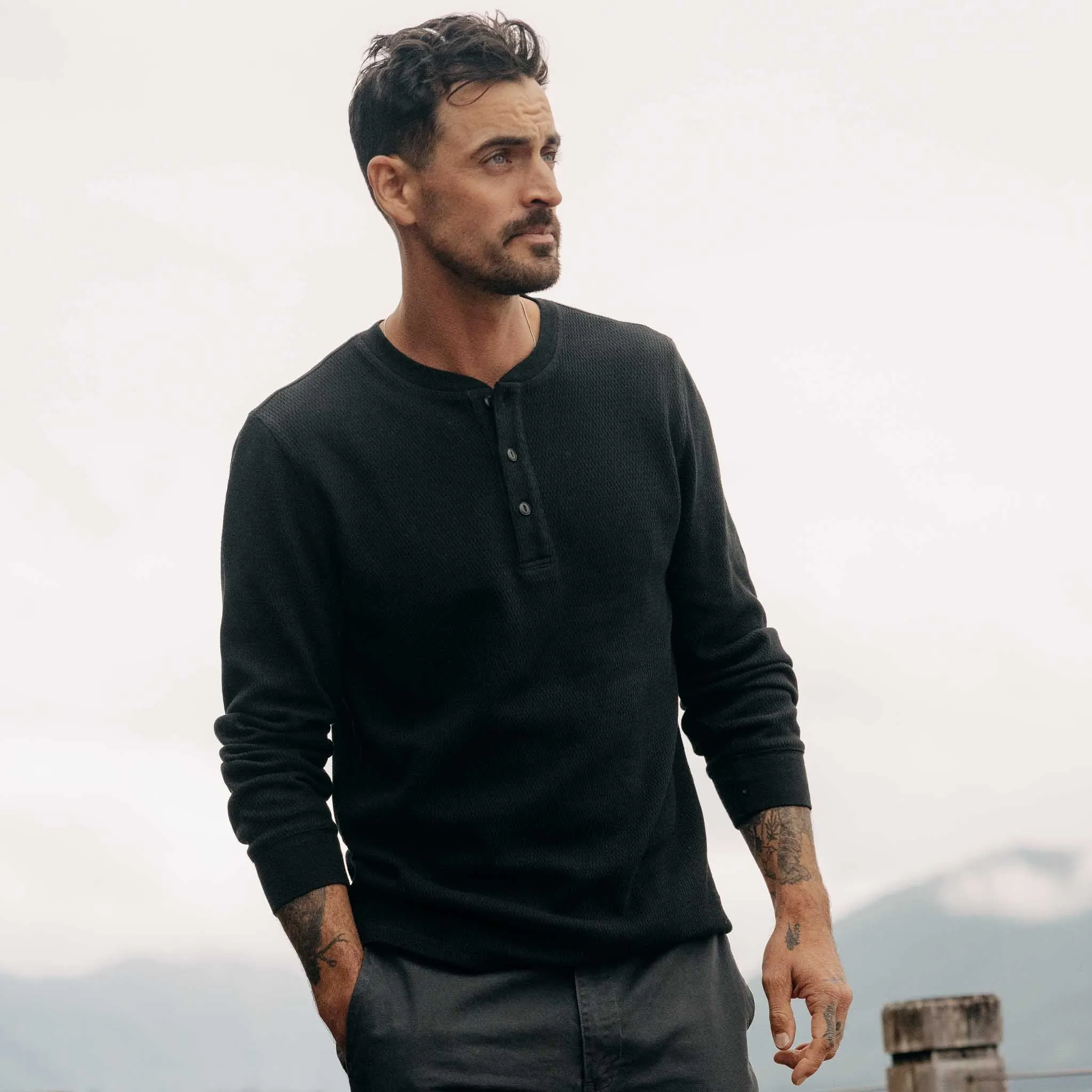 The Organic Cotton Waffle Henley in Faded Black