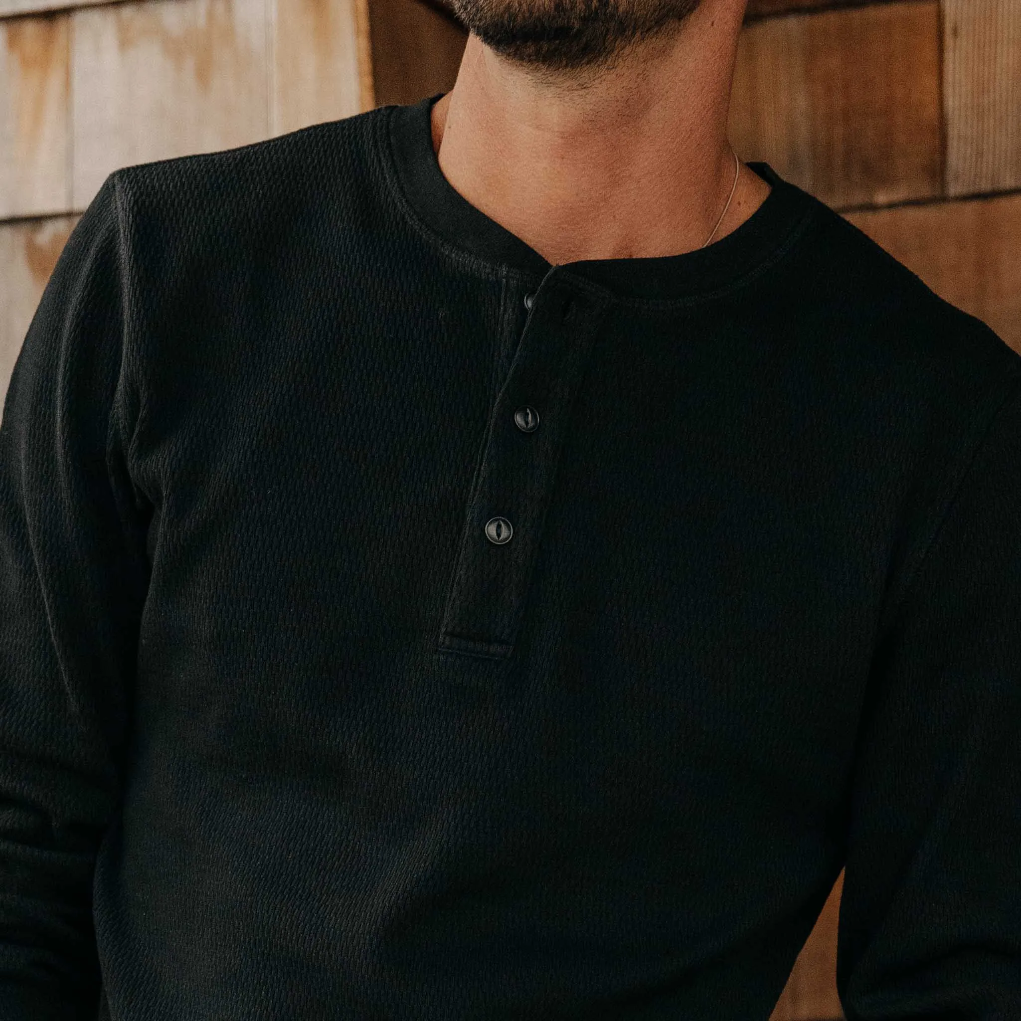 The Organic Cotton Waffle Henley in Faded Black