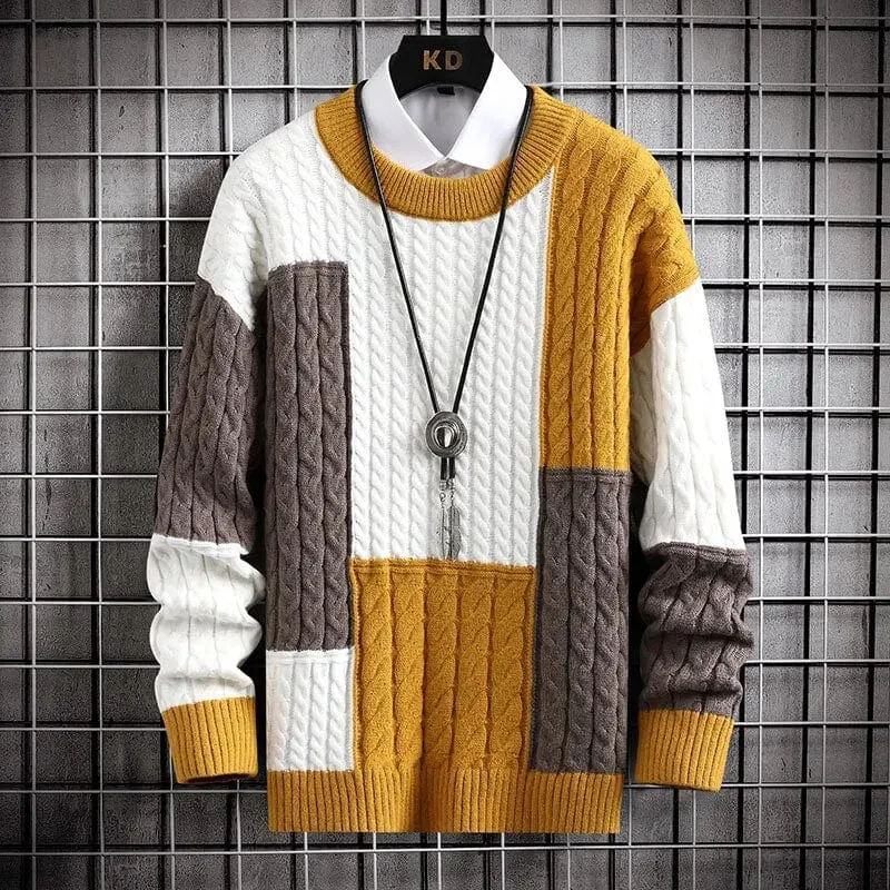 Tokyo Harajuku Sweater - Elevate Your Style: Colour-Blocked O-Collar Warm Sweater - Long Sleeve Loose Knit Pullover